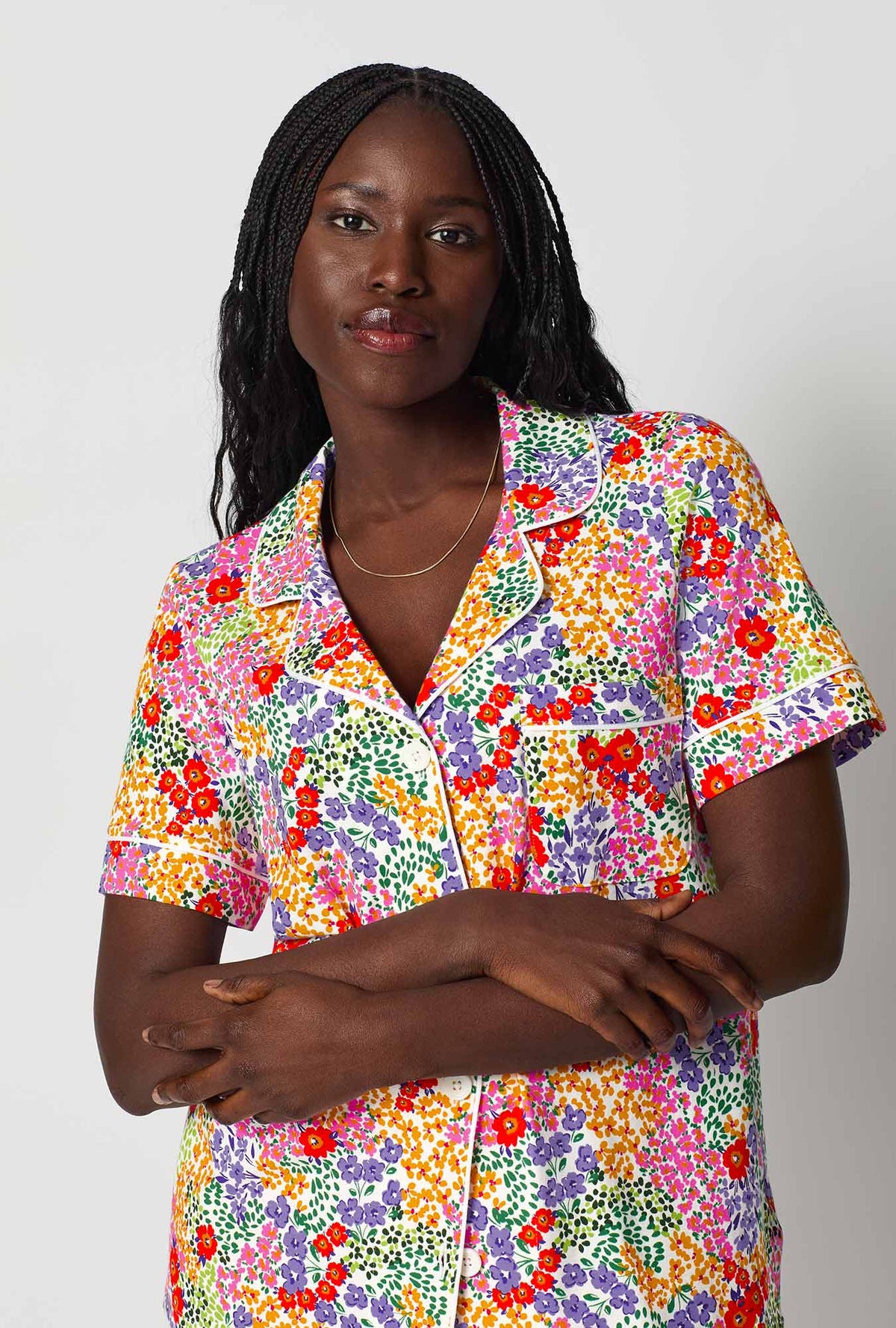 A lady wearing Spring Fields Short Sleeve Classic Shorty Stretch Jersey Pj Set