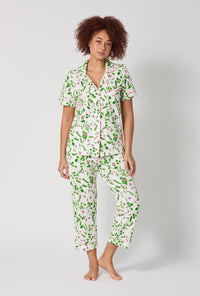 A lady wearing Peas In A Pod Short Sleeve Classic Stretch Jersey Cropped Pj Set