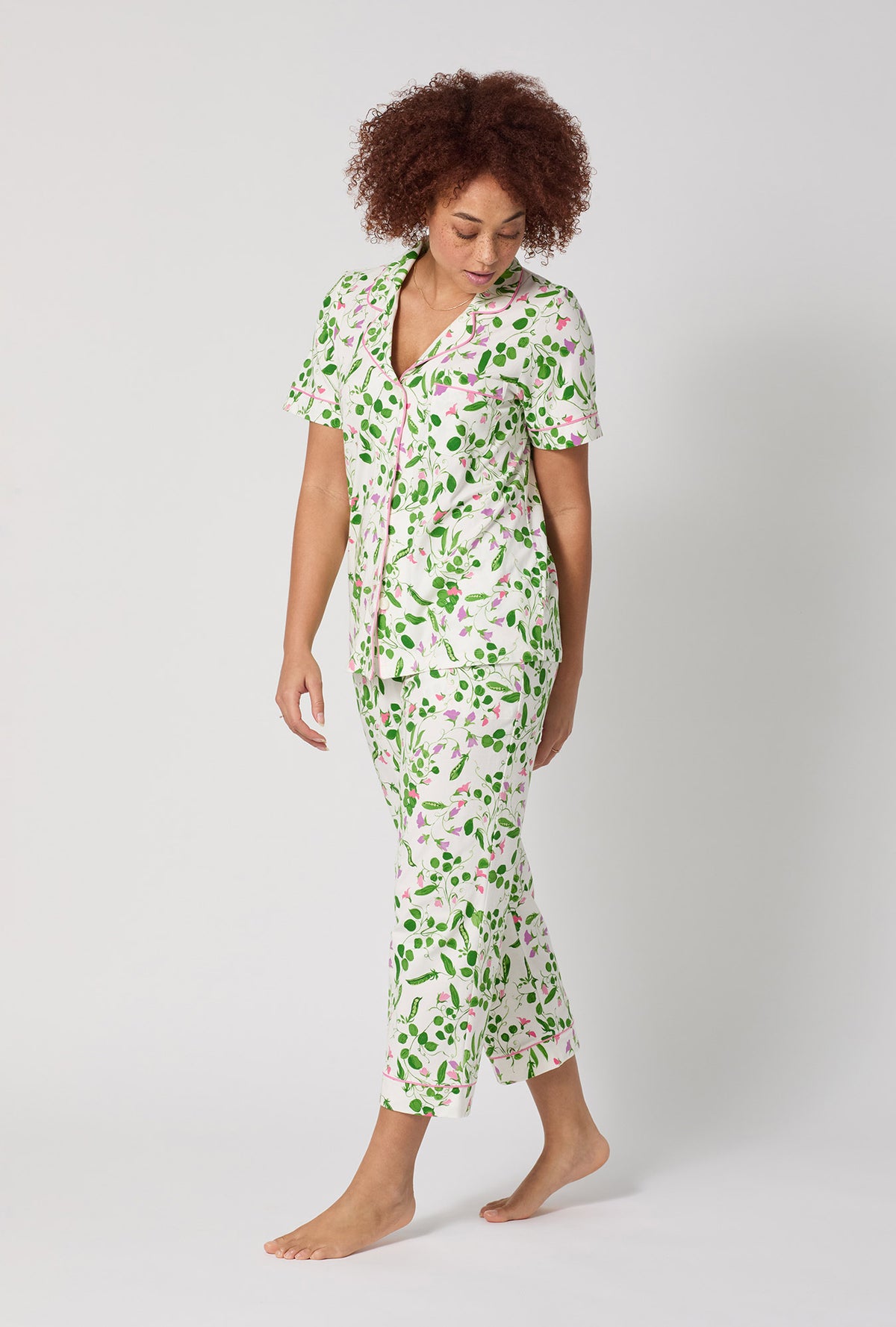 A lady wearing Peas In A Pod Short Sleeve Classic Stretch Jersey Cropped Pj Set