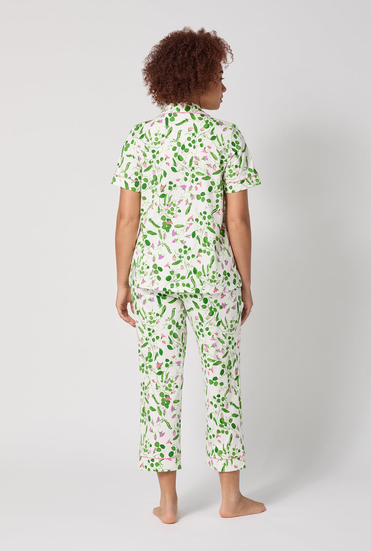 A lady wearing Peas In A Pod Short Sleeve Classic Stretch Jersey Cropped Pj Set