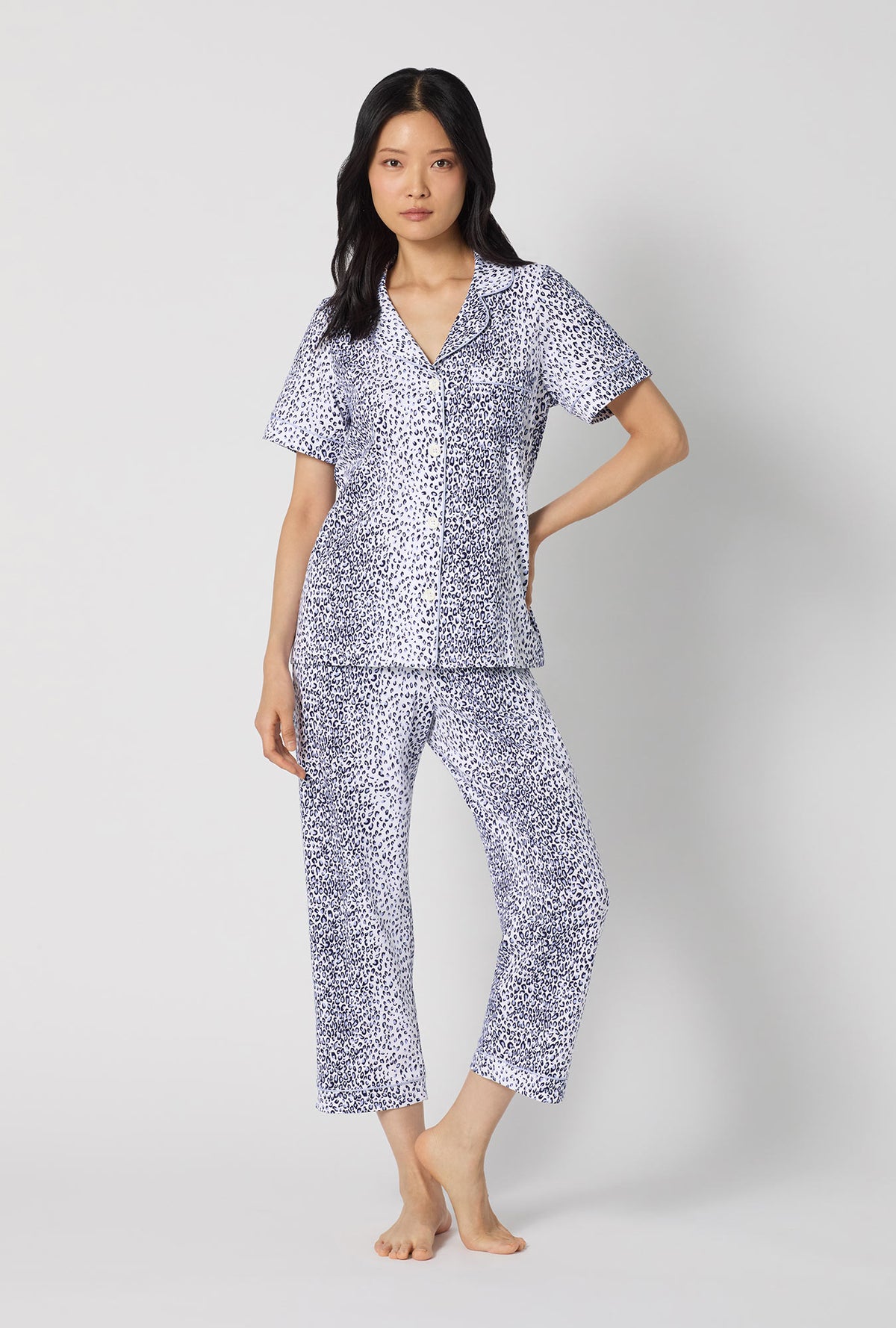 A lady wearing Sea Kitten Short Sleeve Classic Stretch Jersey Cropped Pj Set