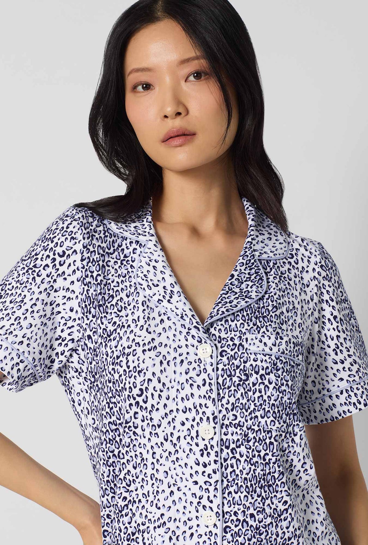 A lady wearing Sea Kitten Short Sleeve Classic Stretch Jersey Cropped Pj Set clloser look
