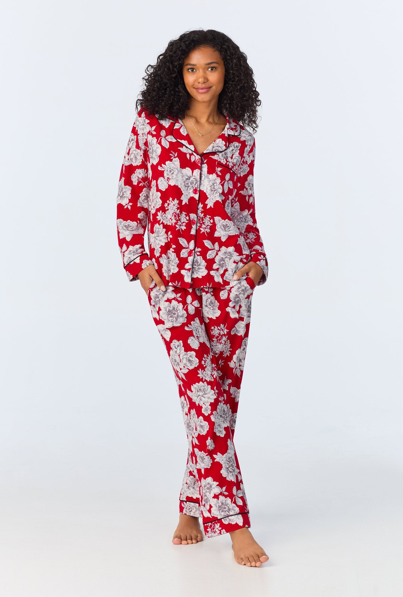 A lady wearing Camellias Long Sleeve Classic Stretch Jersey PJ Set