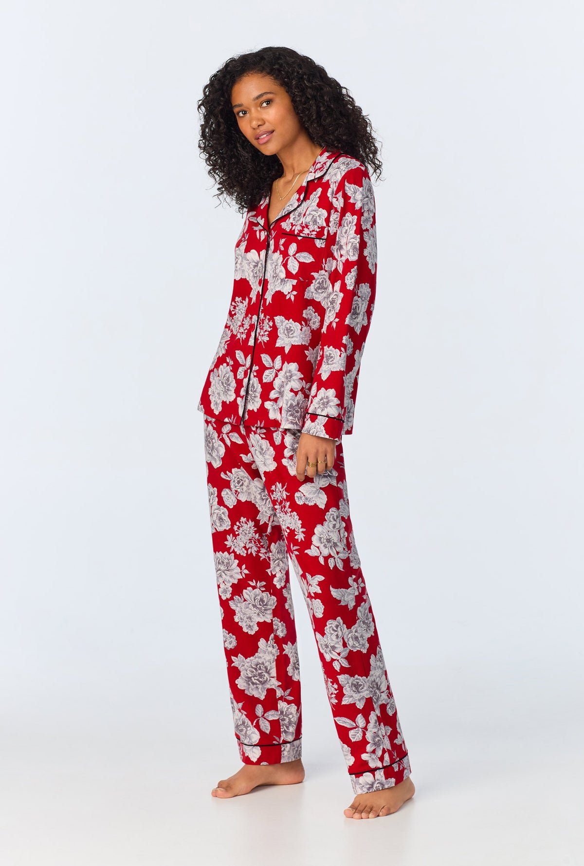 A lady wearing Camellias Long Sleeve Classic Stretch Jersey PJ Set