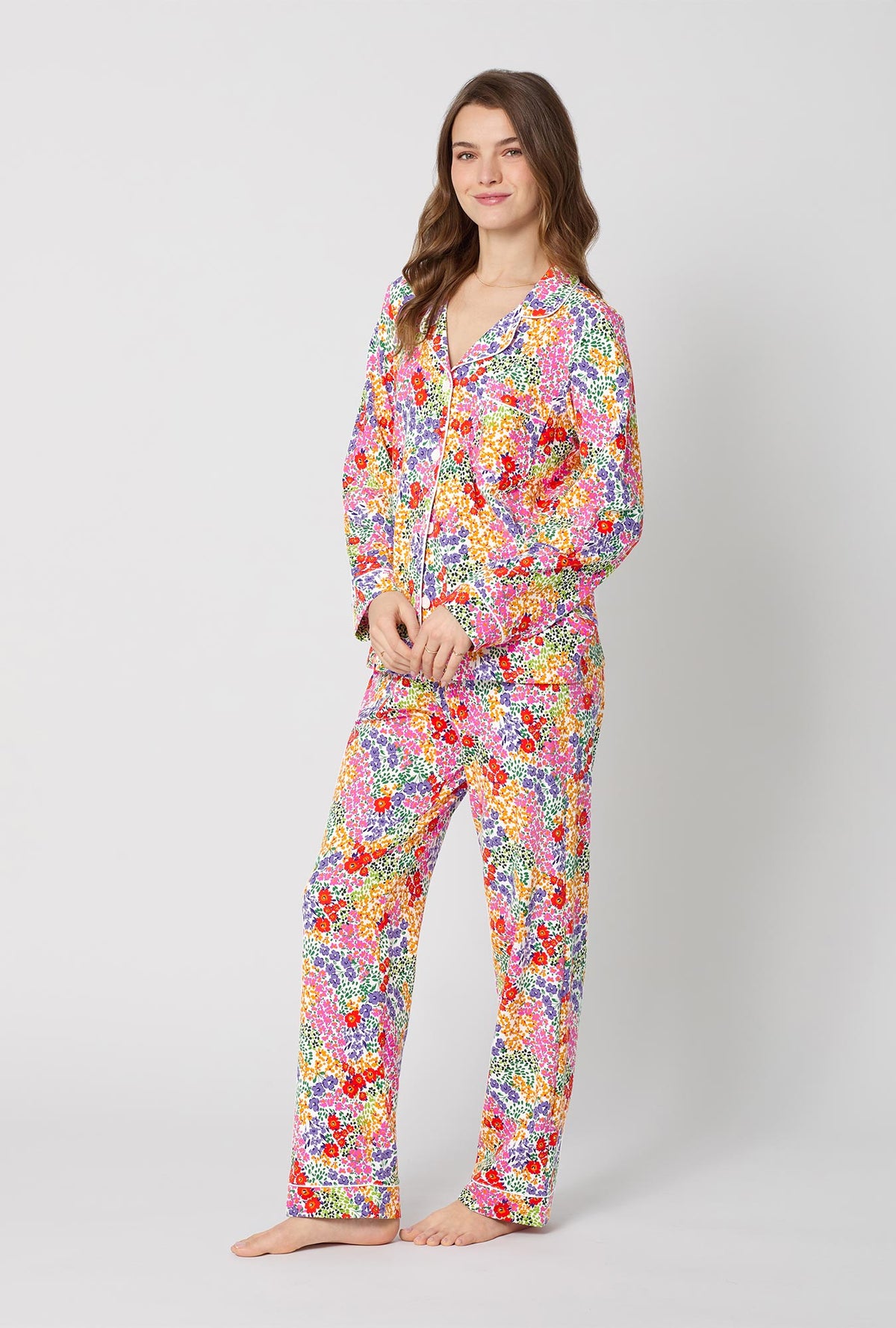 A lady wearing Spring Fields Long Sleeve Classic Stretch Jersey Pj Set