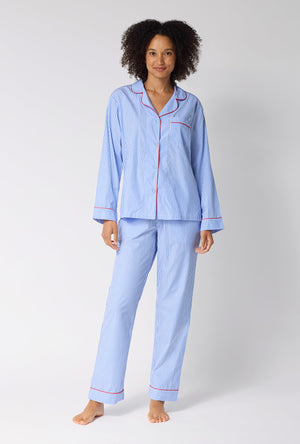 A Lady Wearing French Stripe Long Sleeve Classic Woven Supersoft Cotton Poplin Pj Set in a front view pose