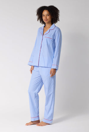A Lady Wearing French Stripe Long Sleeve Classic Woven Supersoft Cotton Poplin Pj Set in a side angled pose