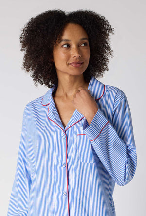 A Lady Wearing French Stripe Long Sleeve Classic Woven Supersoft Cotton Poplin Pj Set in a close up view pose