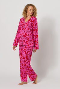 A lady wearing Isabella Flora Long Sleeve Classic Stretch Jersey Pj Set looking side