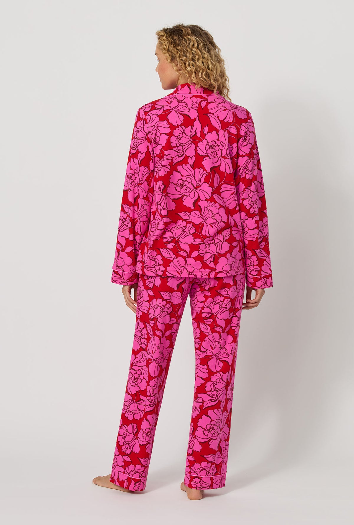 A lady wearing Isabella Flora Long Sleeve Classic Stretch Jersey Pj Set back view