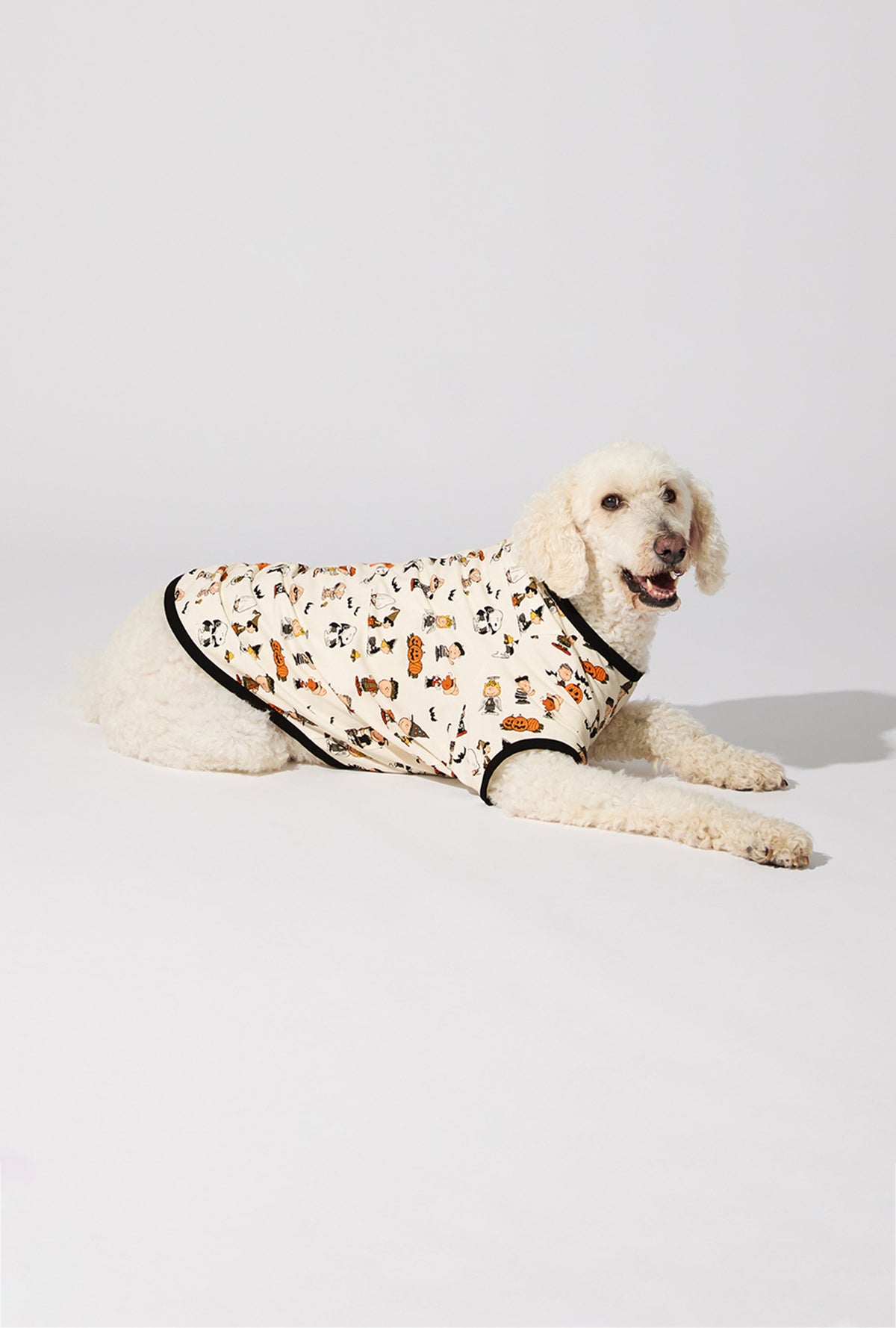 A dog wearing Peanuts® Snoopy&#39;s Halloween Stretch Jersey Dog Pajama