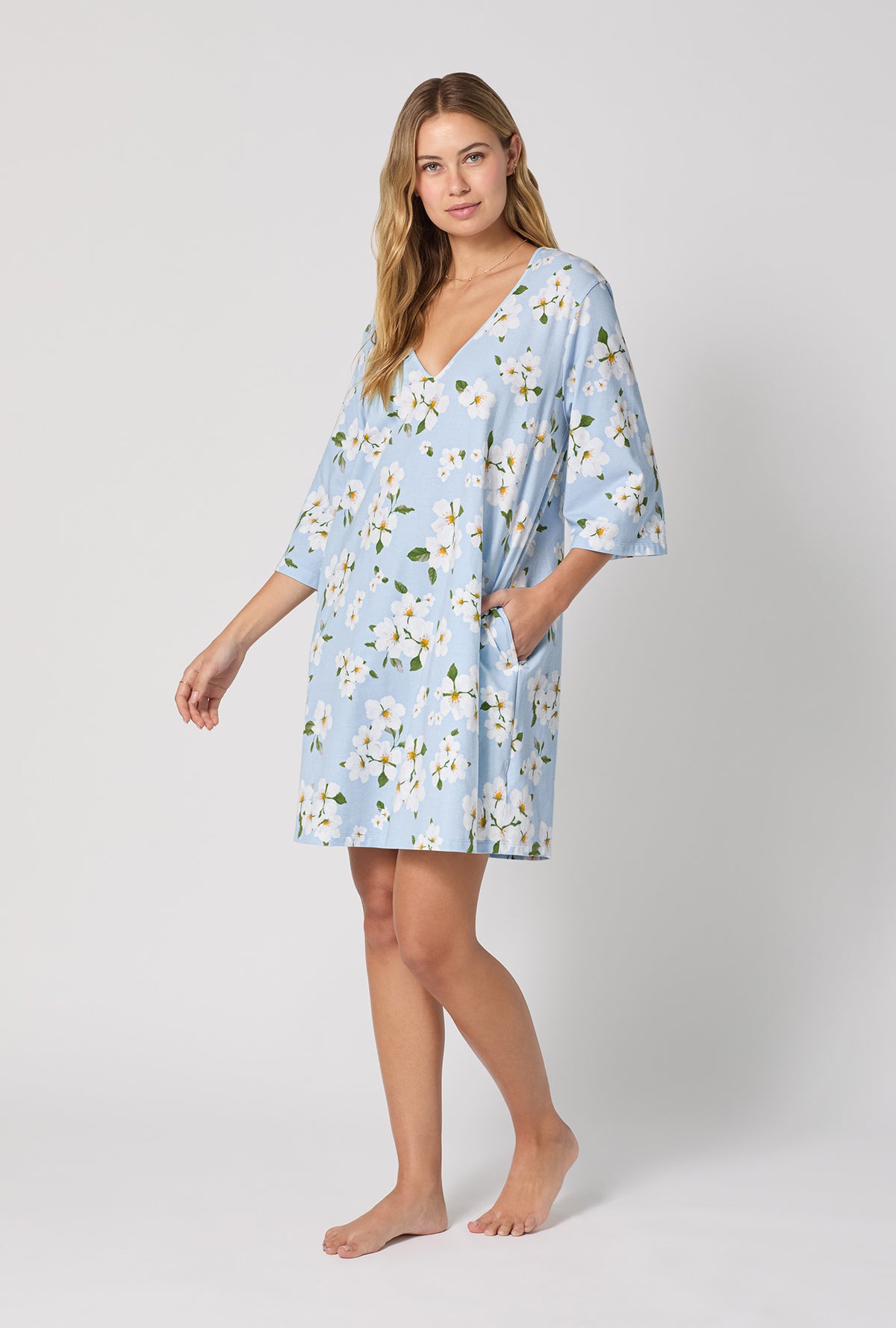 A lady wearing Magnolia Breeze Stretch Jersey Sleep Dress