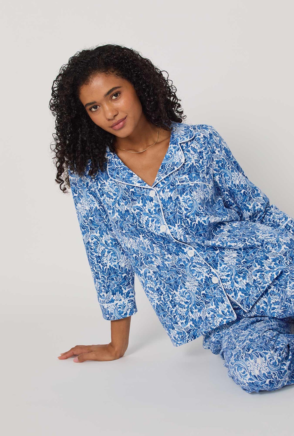 A Lady wearing Dreamy Damask 3/4 Sleeve Classic Stretch Jersey Cropped Pj Set