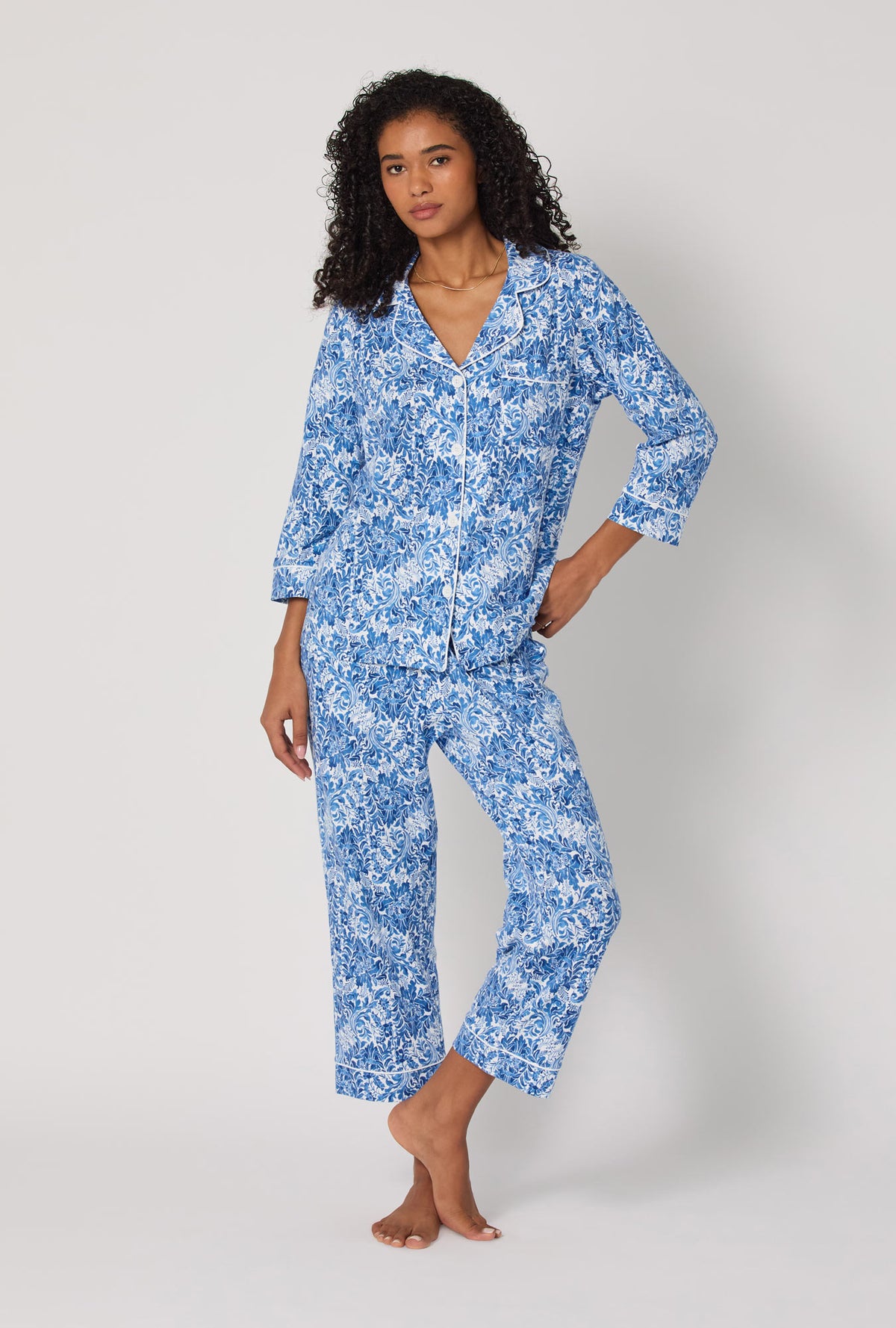 A Lady wearing Dreamy Damask 3/4 Sleeve Classic Stretch Jersey Cropped Pj Set