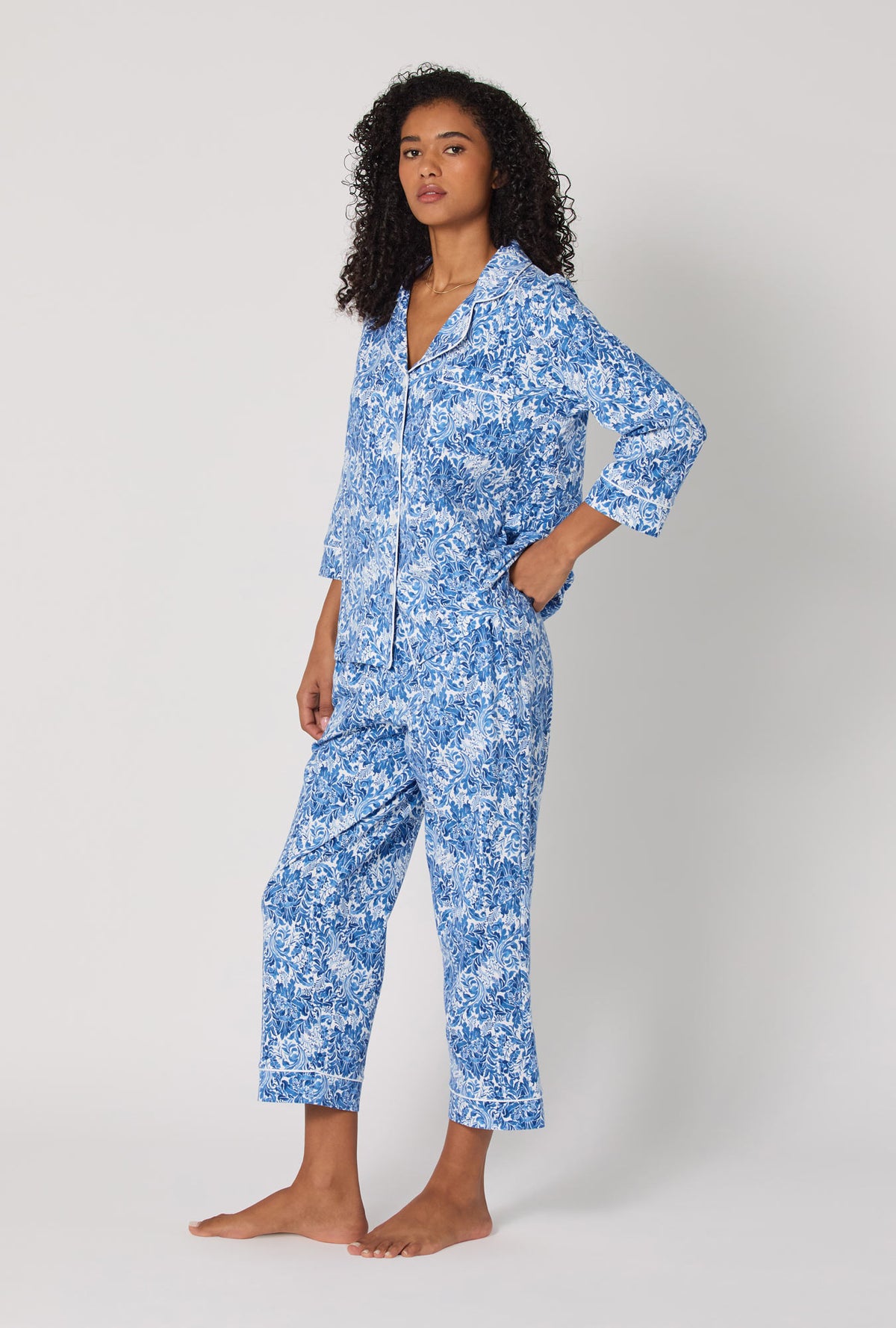 A Lady wearing Dreamy Damask 3/4 Sleeve Classic Stretch Jersey Cropped Pj Set
