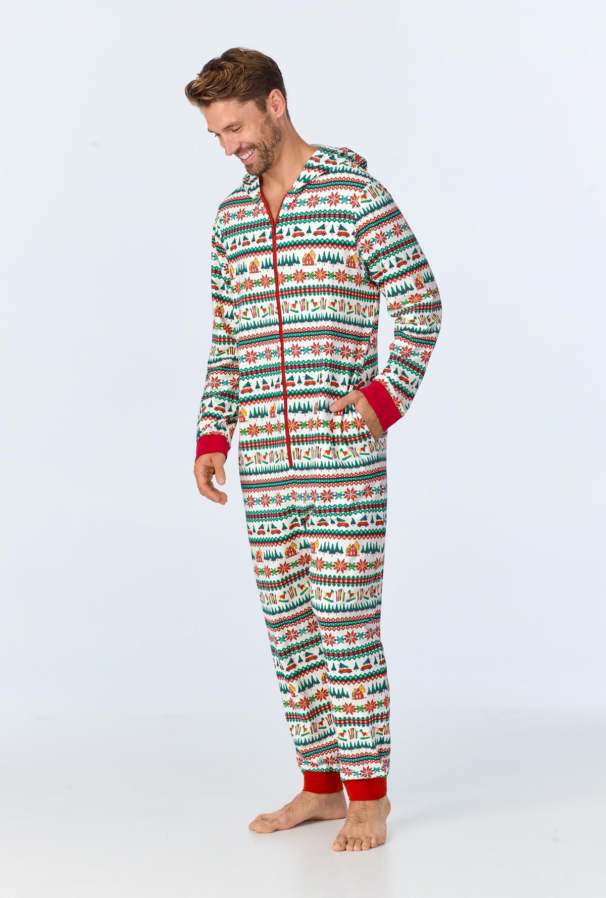 A man wearing festive fairisle onsie