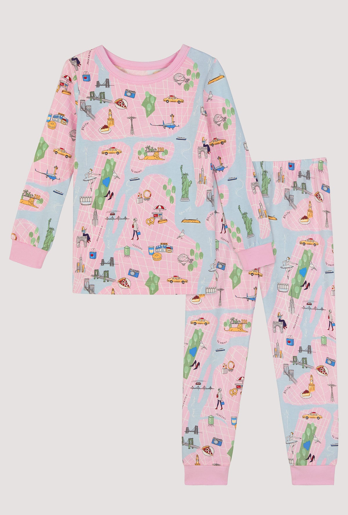 Children's pajama set with pink and blue map pattern on a white background