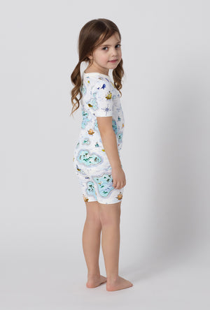 A little girl wearing Treasure Hunt Short Sleeve Stretch Jersey Kids Short Pj Set back view