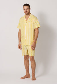A man wearing Yellow Men's Short Sleeve Notch Woven Cotton Sateen Boxer Pj Set side view