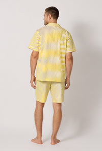 A man wearing Yellow Men's Short Sleeve Notch Woven Cotton Sateen Boxer Pj Set back view