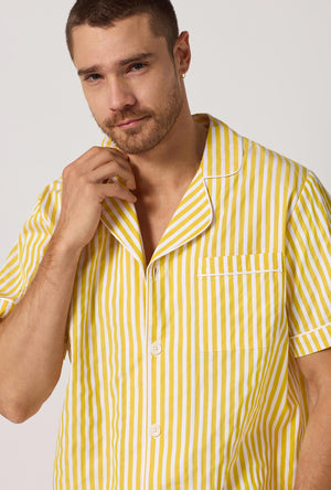 A closeup of A man wearing Yellow Men's Short Sleeve Notch Woven Cotton Sateen Boxer Pj Set