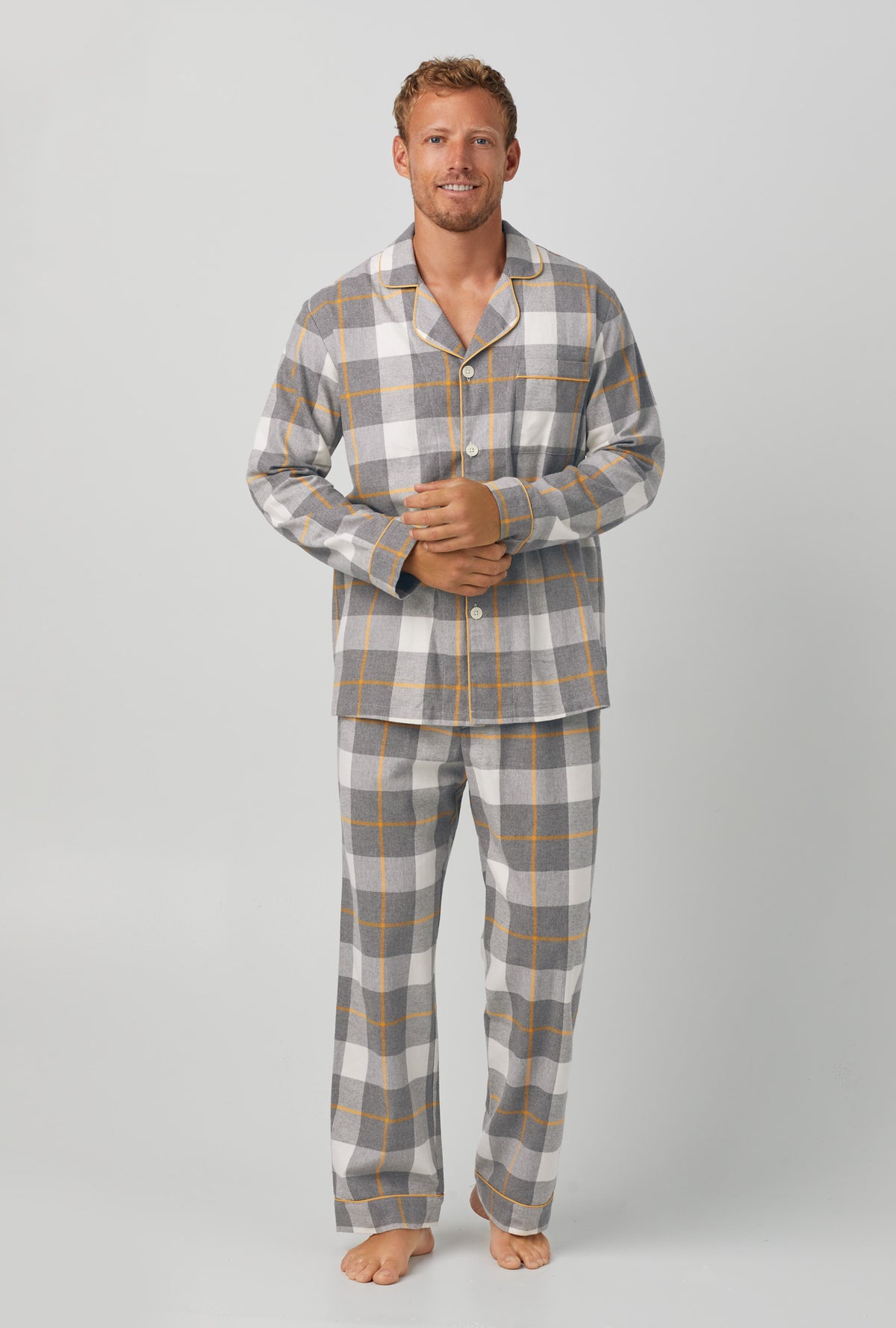 A man wearing Woven Cotton Portuguese Flannel Pant with Long Sleeve Classic Woven Cotton Portuguese Flannel PJ Set Vintage Plaid print
