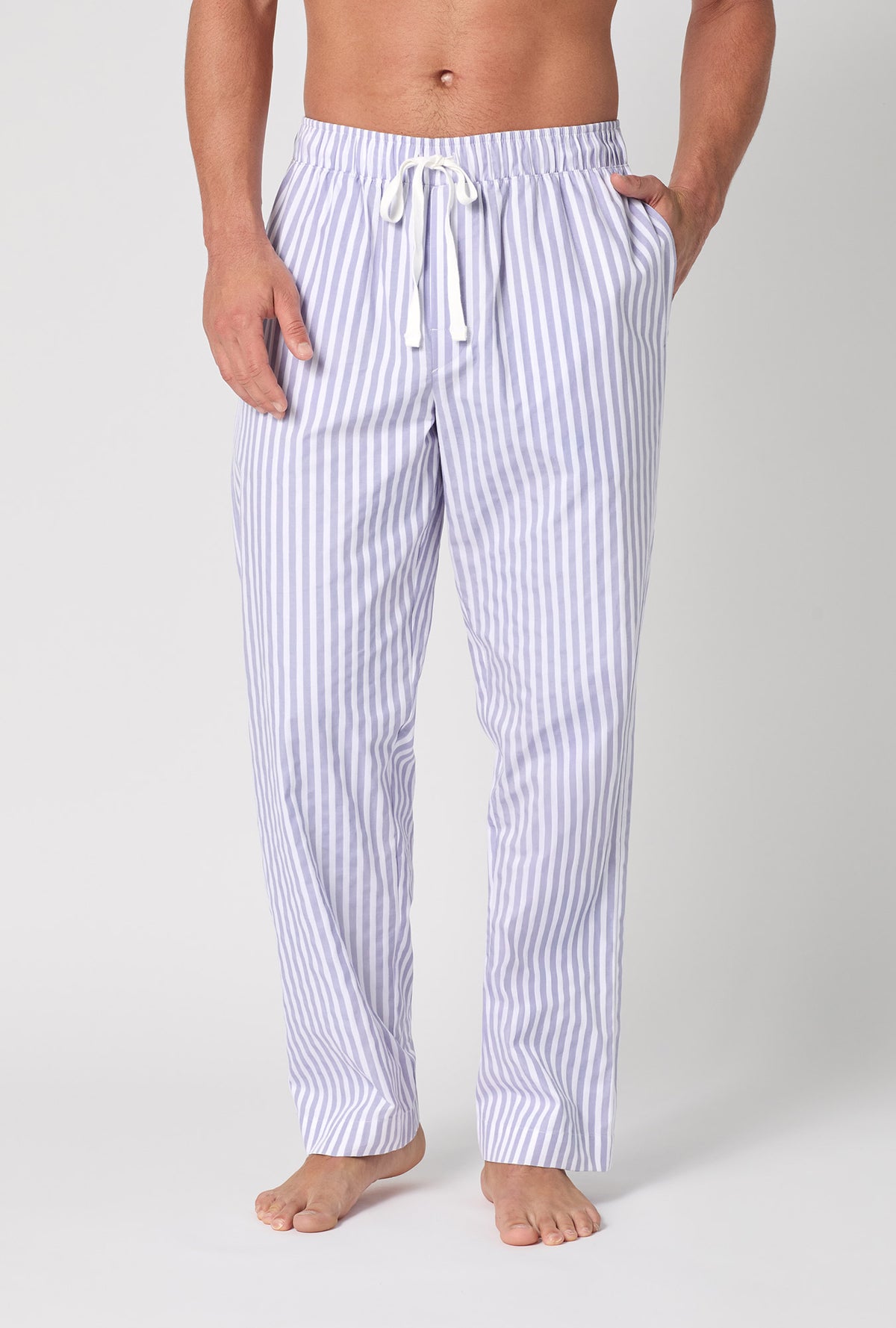 A man wearing Blue 3D Stripe Men's Woven Cotton Sateen PJ Pant