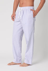 A man wearing Blue 3D Stripe Men's Woven Cotton Sateen PJ Pant