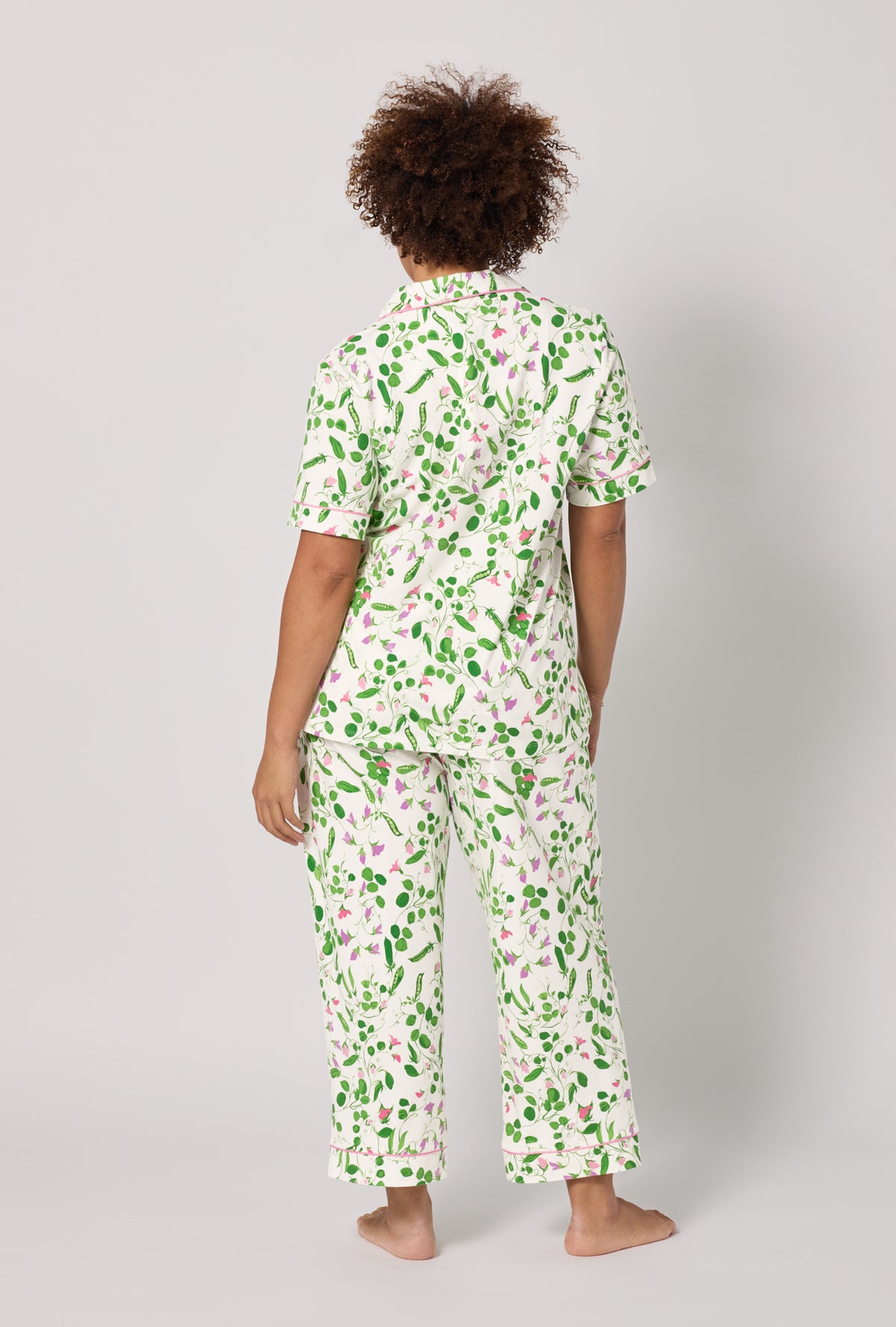 A lady wearing plus Peas In A Pod Short Sleeve Classic Stretch Jersey Cropped Pj Set