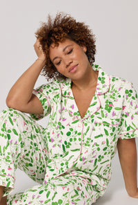 A lady wearing plus Peas In A Pod Short Sleeve Classic Stretch Jersey Cropped Pj Set