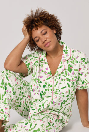 A lady wearing plus Peas In A Pod Short Sleeve Classic Stretch Jersey Cropped Pj Set