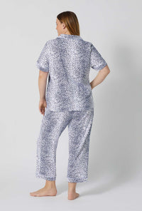 A lady wearing plus size Sea Kitten Short Sleeve Classic Stretch Jersey Cropped Pj Set back view