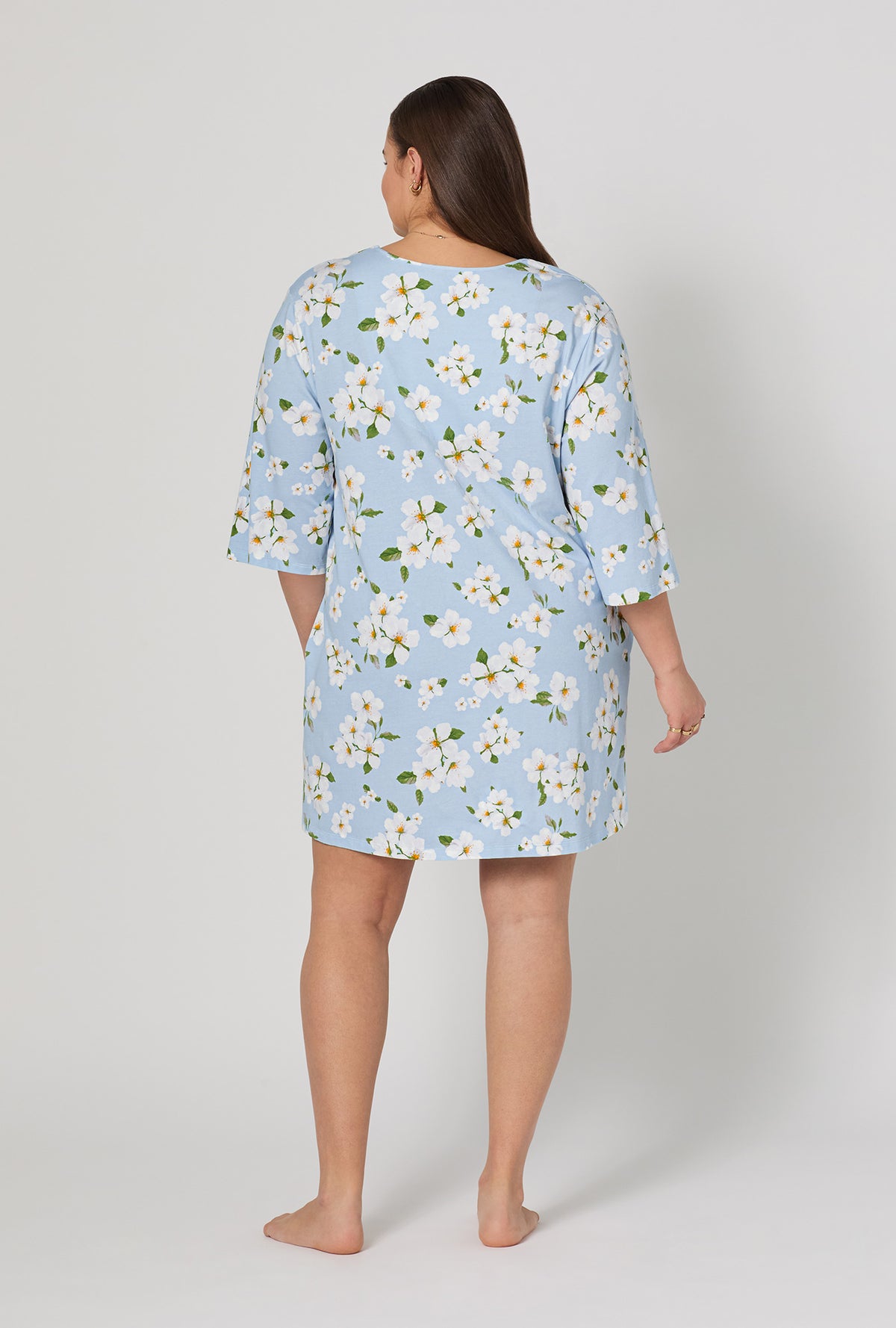 A lady wearing plus Magnolia Breeze Stretch Jersey Sleep Dress