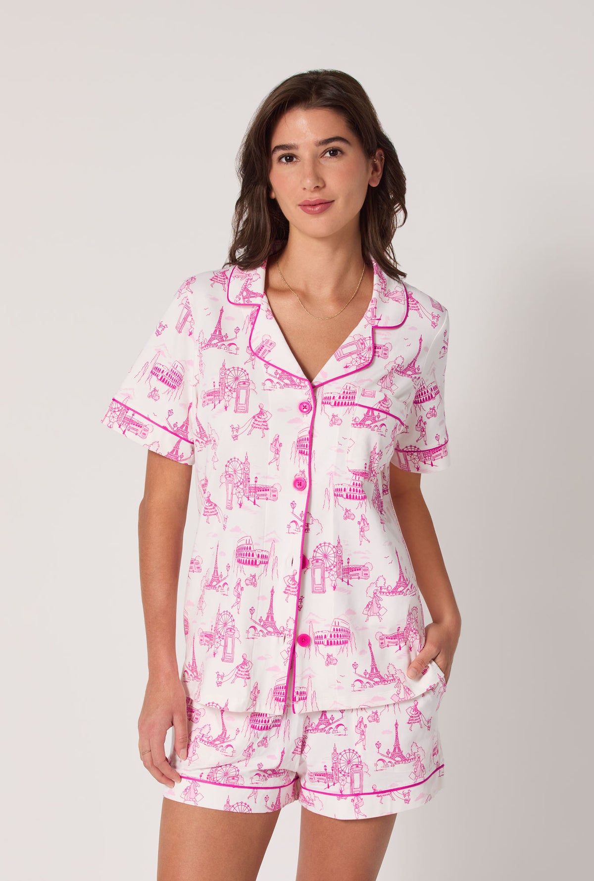A lady wearing Jet Setter Short Sleeve Classic Shorty Stretch Jersey Pj Set
