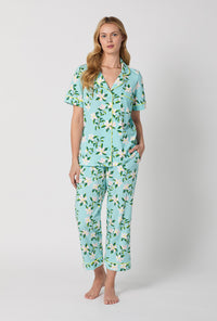 A Lady Wearing Short Sleeve Classic Stretch Jersey Cropped PJ Set with Belle Blossoms Print Front View