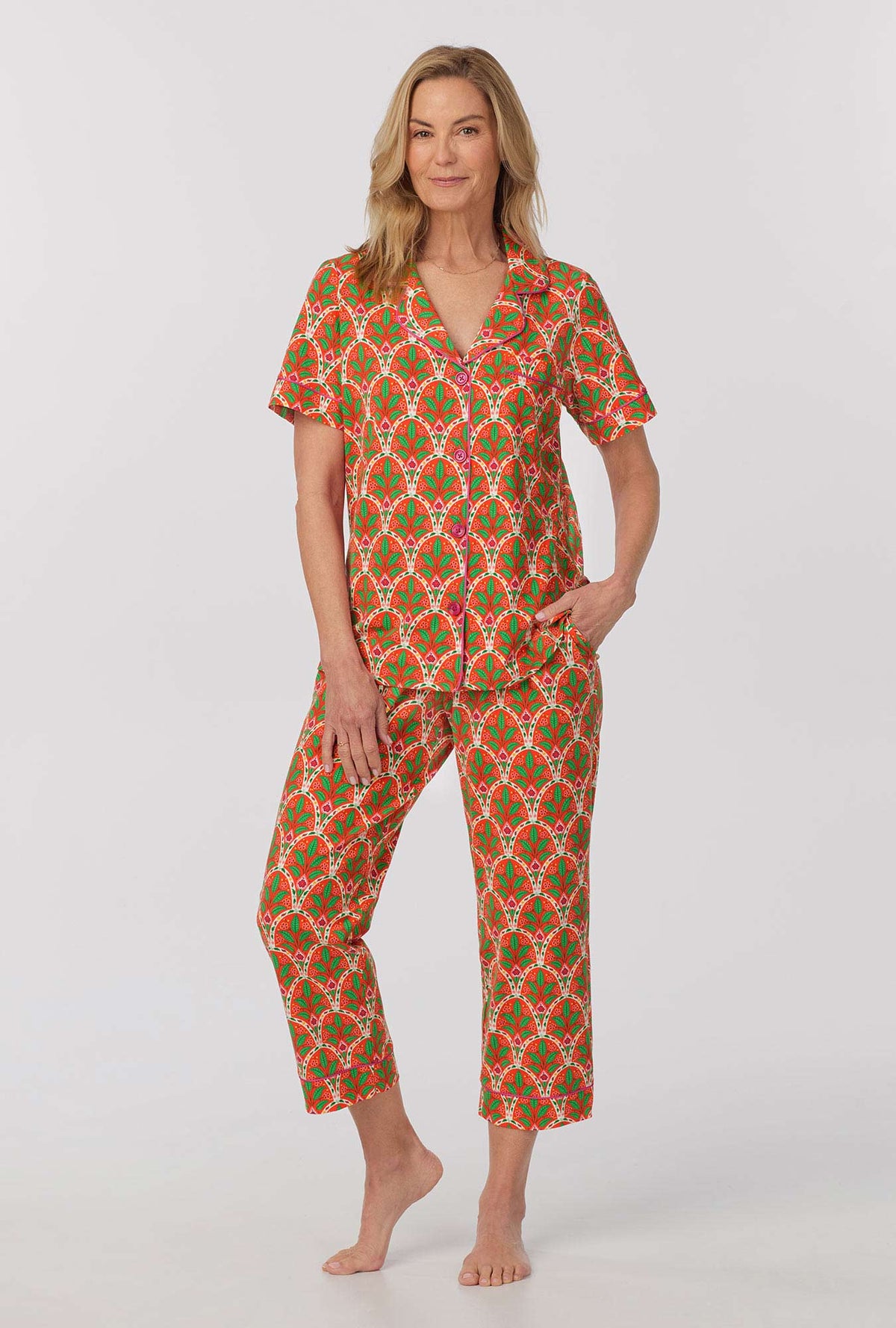 A lady wearing Short Sleeve Classic Stretch Jersey Cropped PJ Set with tangier tile print