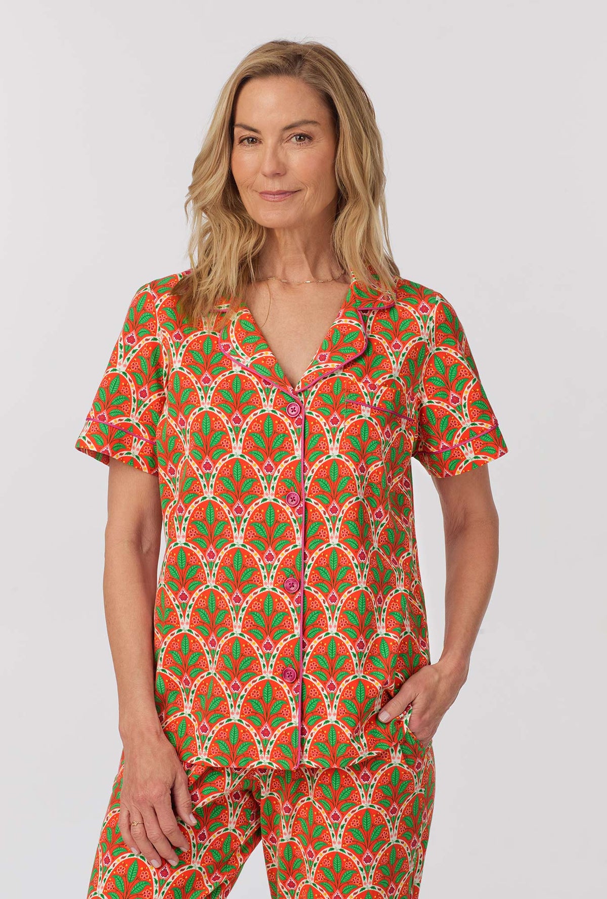 A lady wearing Short Sleeve Classic Stretch Jersey Cropped PJ Set with tangier tile print