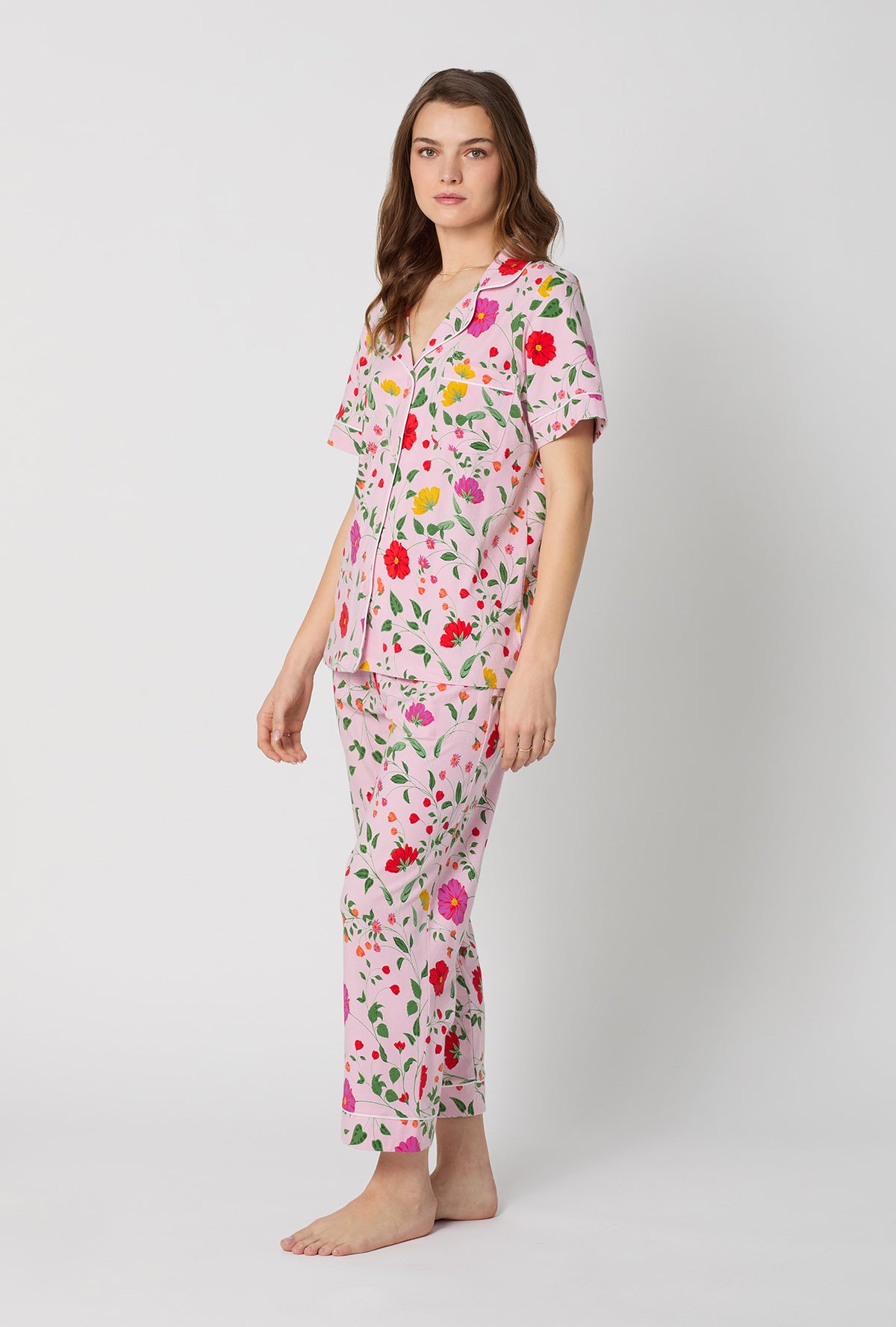 A lady wearing Sunlit Floral Short Sleeve Classic Stretch Jersey Cropped Pj Set