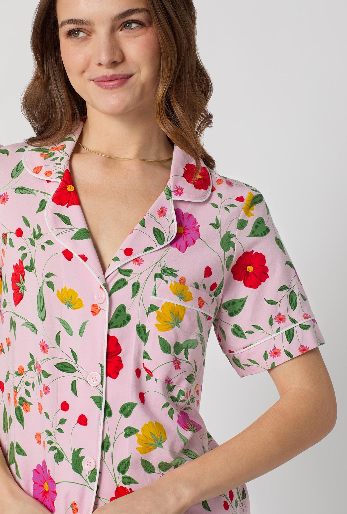 A lady wearing Sunlit Floral Short Sleeve Classic Stretch Jersey Cropped Pj Set