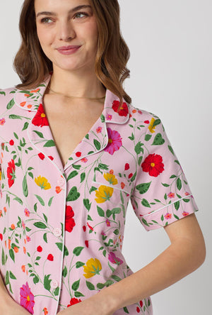 A lady wearing Sunlit Floral Short Sleeve Classic Stretch Jersey Cropped Pj Set
