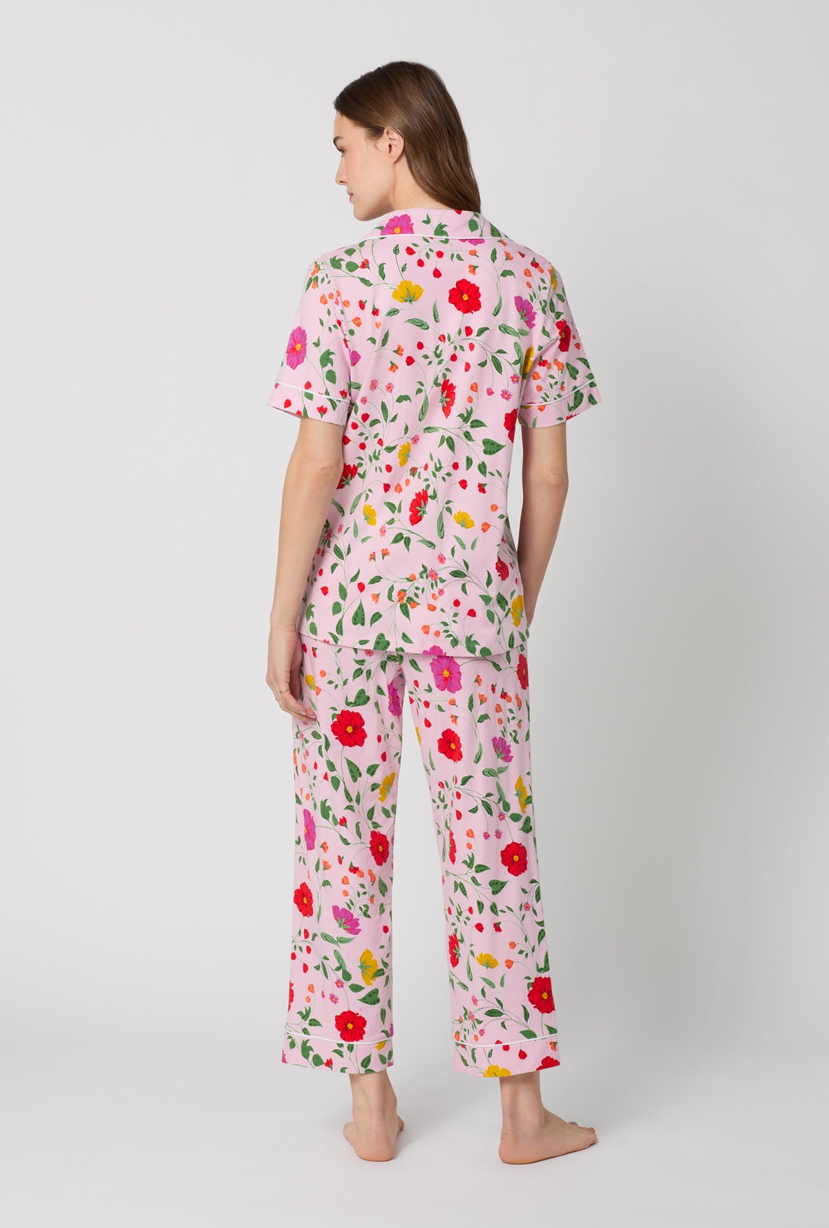 A lady wearing Sunlit Floral Short Sleeve Classic Stretch Jersey Cropped Pj Set