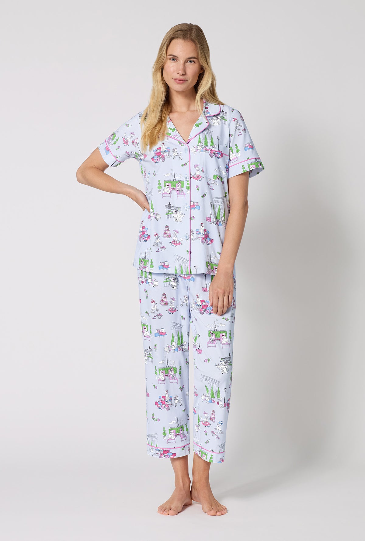 A Lady Wearing Belle Vie Short Sleeve Classic Stretch Jersey Cropped Pj Set