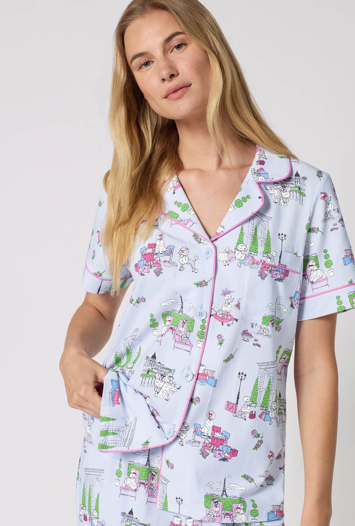 A Lady Wearing Belle Vie Short Sleeve Classic Stretch Jersey Cropped Pj Set facing front in a half close up shot