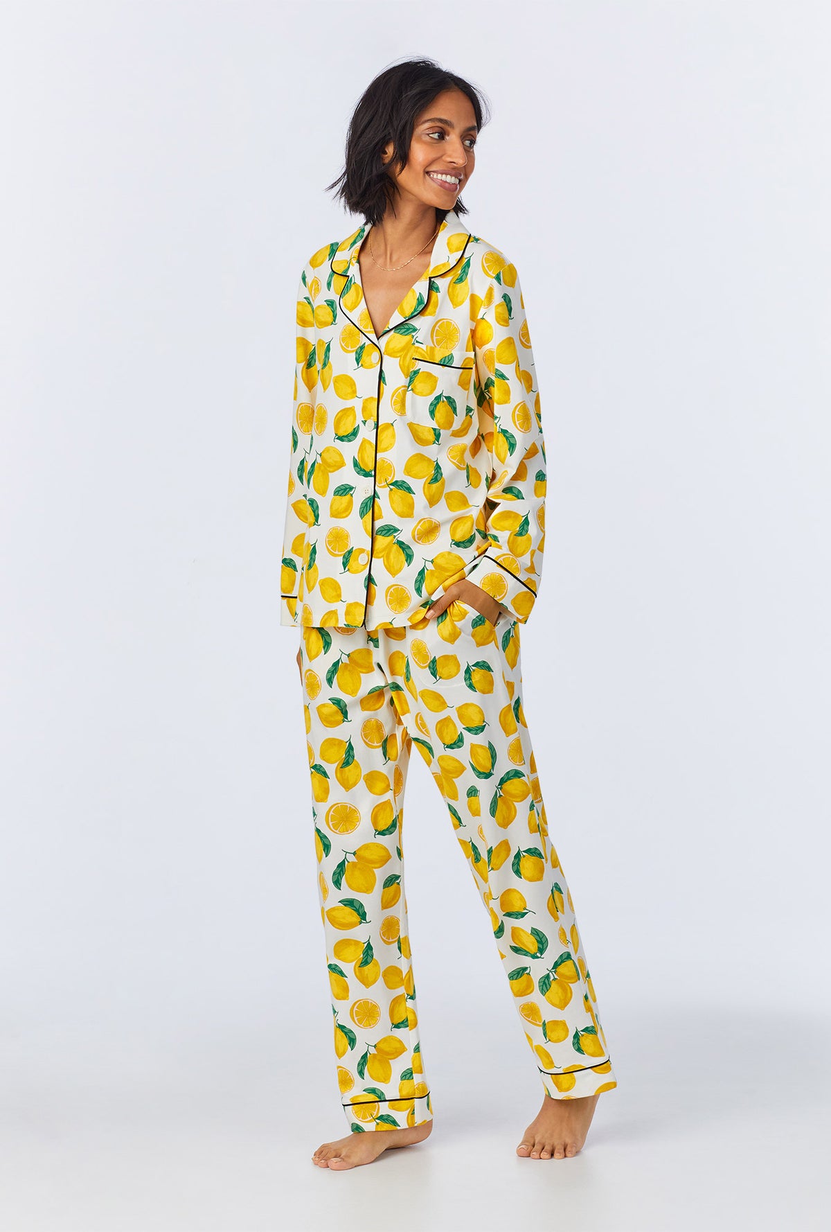 A lady wearing Main Squeeze Long Sleeve Classic Stretch Jersey PJ Set