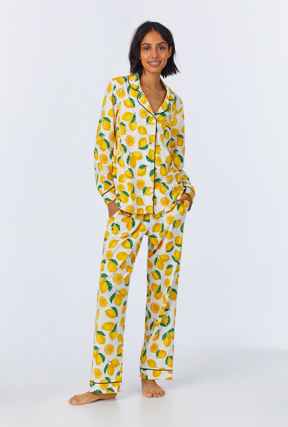 A lady wearing Main Squeeze Long Sleeve Classic Stretch Jersey PJ Set