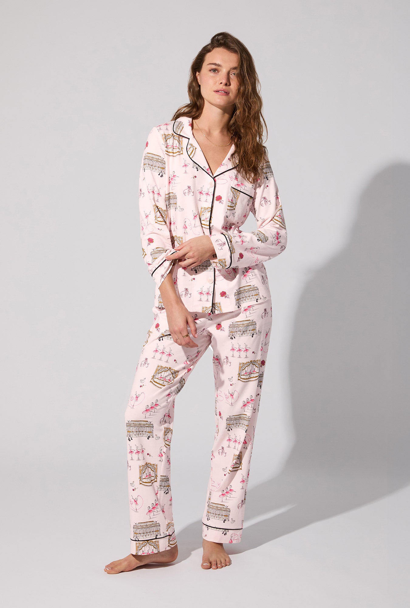 A lady wearing Swan Lake Long Sleeve Classic Stretch Jersey PJ Set