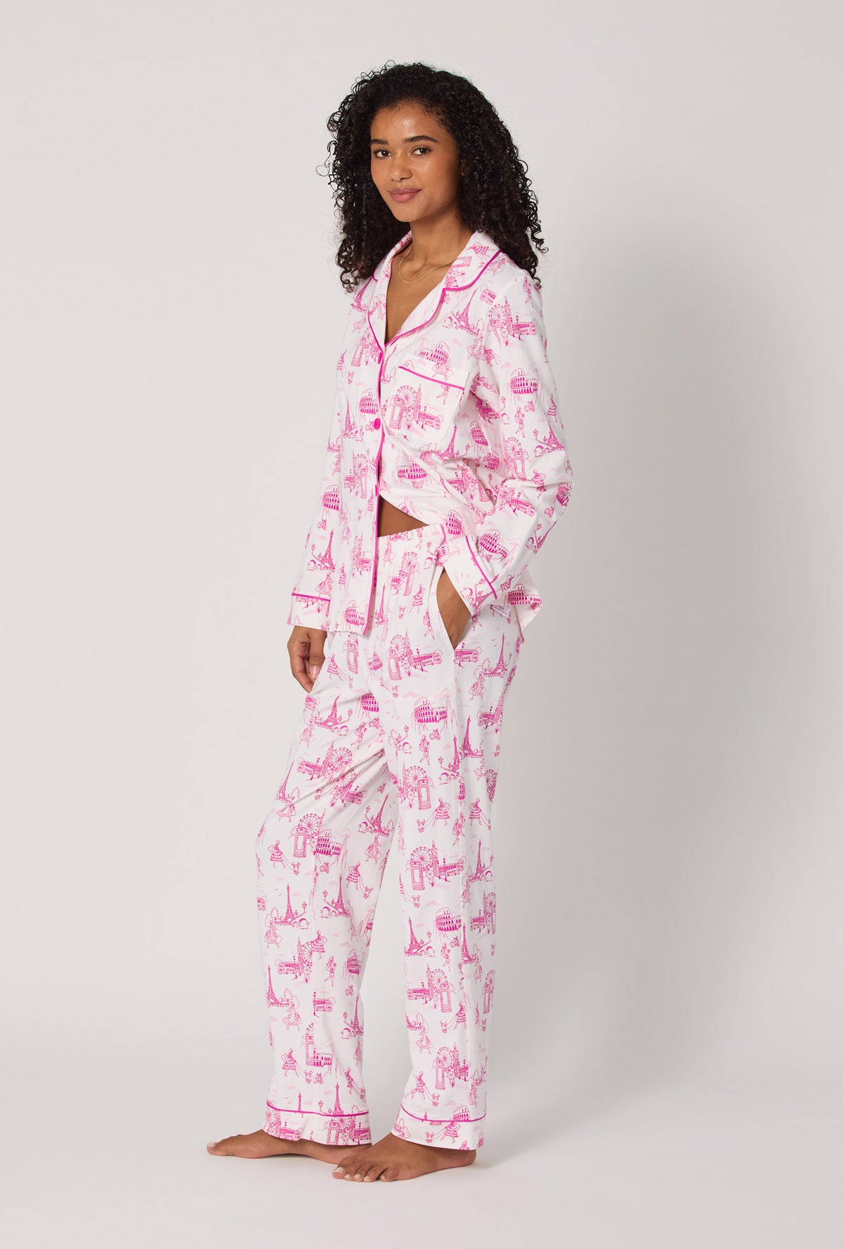 A lady wearing Jet Setter Long Sleeve Classic Stretch Jersey Pj Set