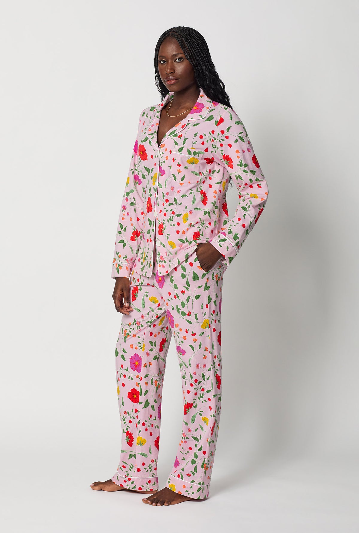 A lady wearing Sunlit Floral Long Sleeve Classic Stretch Jersey Pj Set