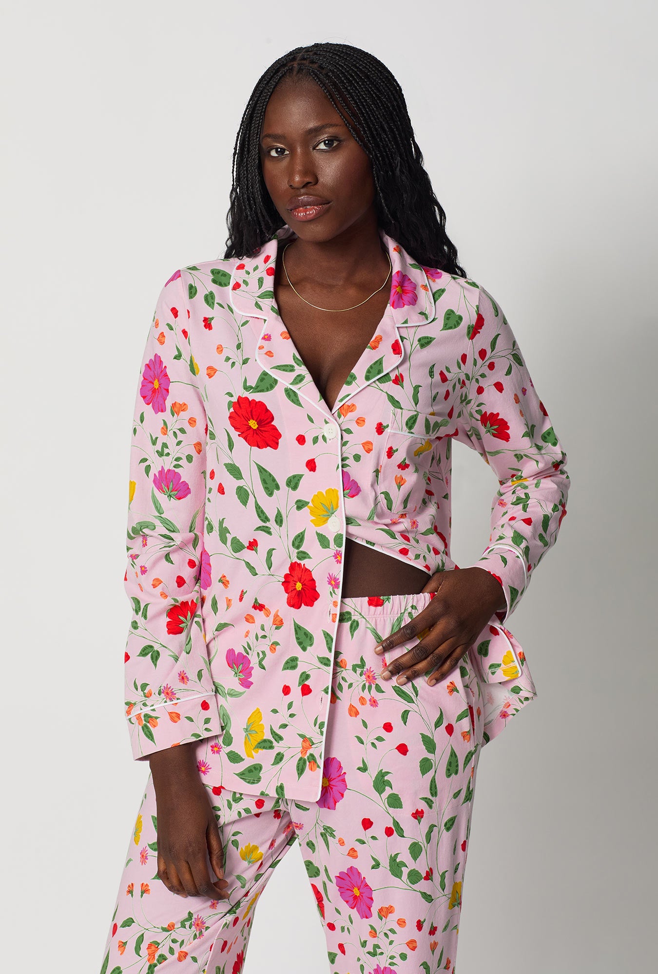A lady wearing Sunlit Floral Long Sleeve Classic Stretch Jersey Pj Set