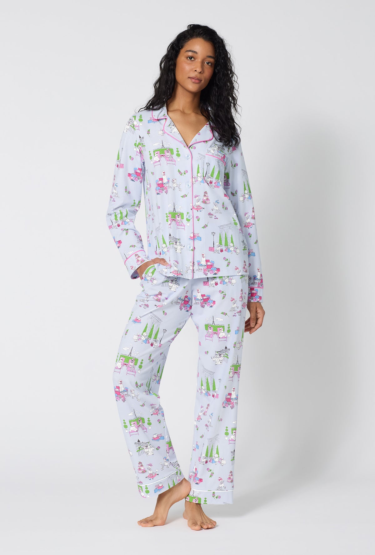 A Lady Wearing Belle Vie Long Sleeve Classic Stretch Jersey Pj Set